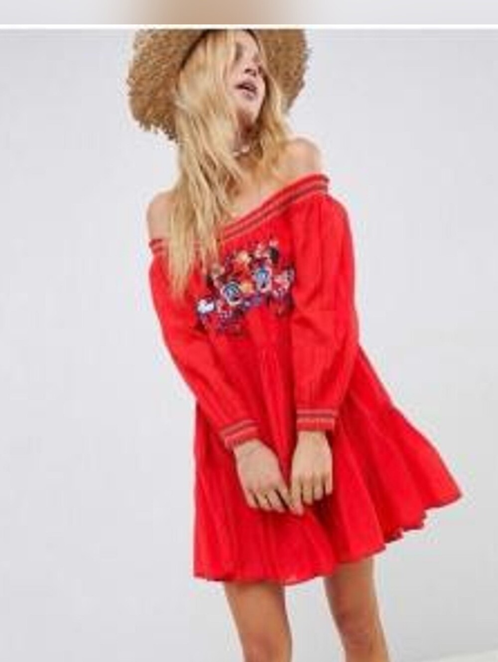 Free People Dress Sunbeams Mini Long Sleeve Embroidered Lined Red Boho Size M